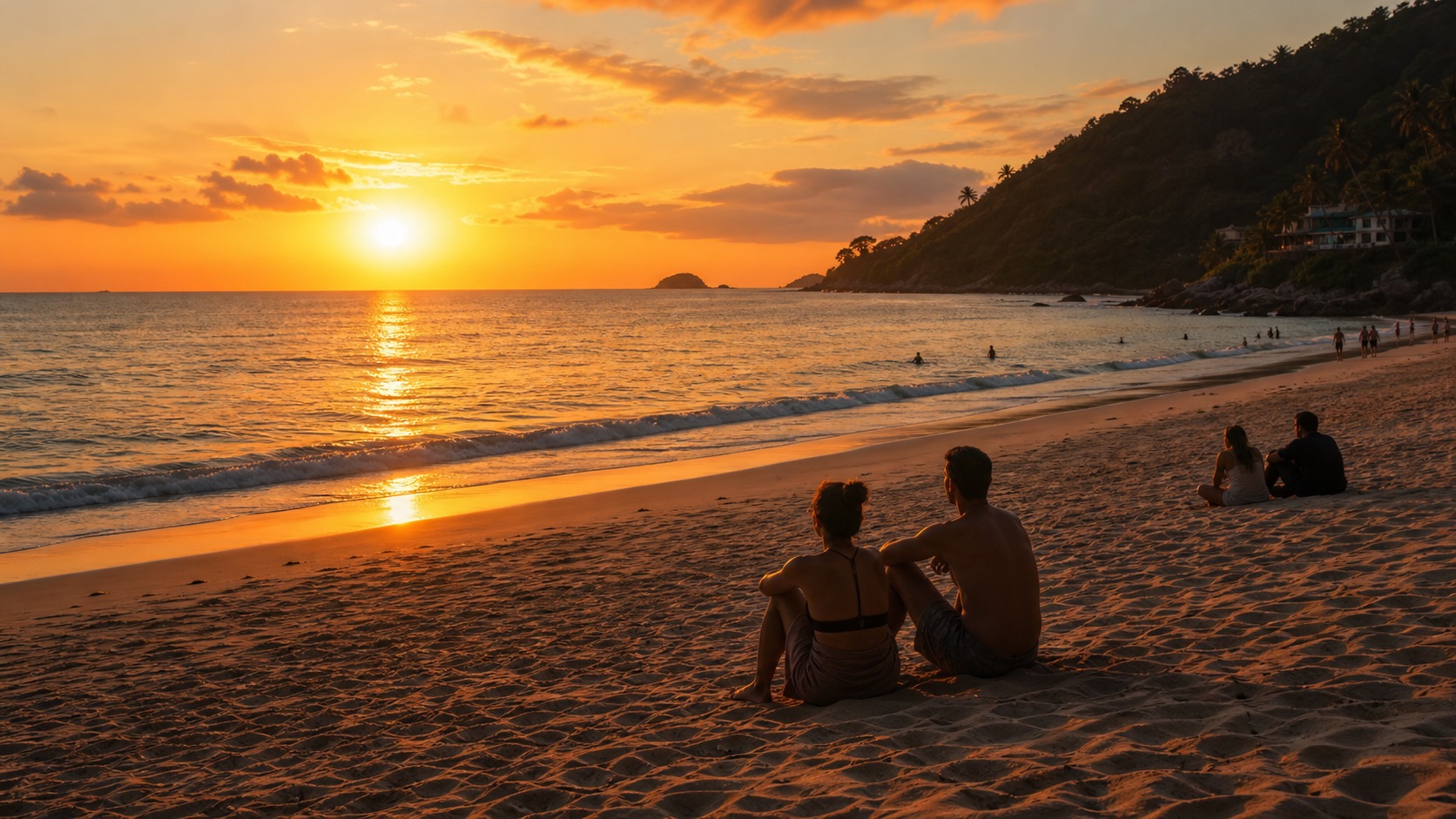 Golden sunset over a west-facing Phuket beach with calm waves and a rocky headland