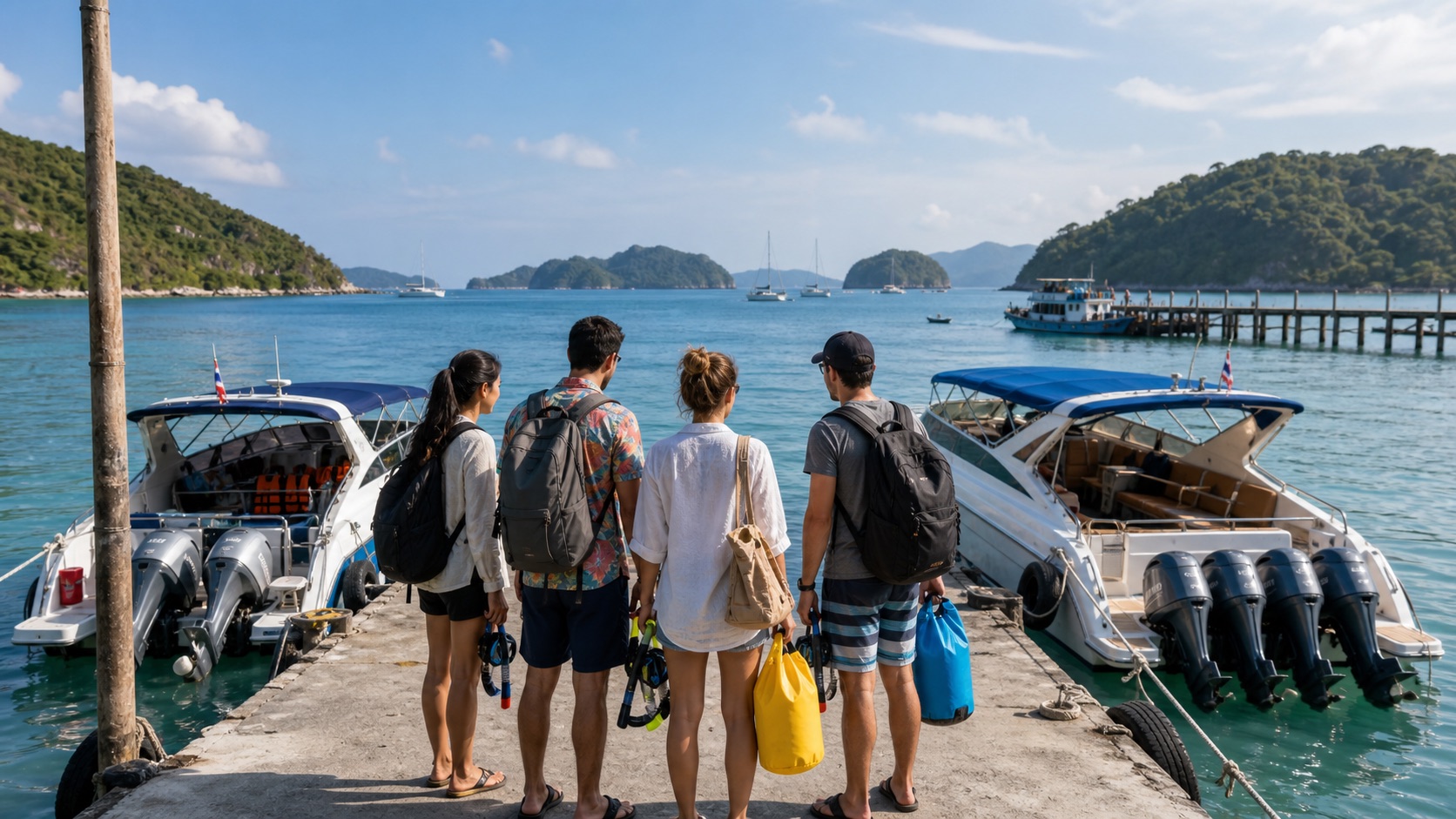 Travelers choosing between Phuket snorkeling boats for Coral Island and Racha Island