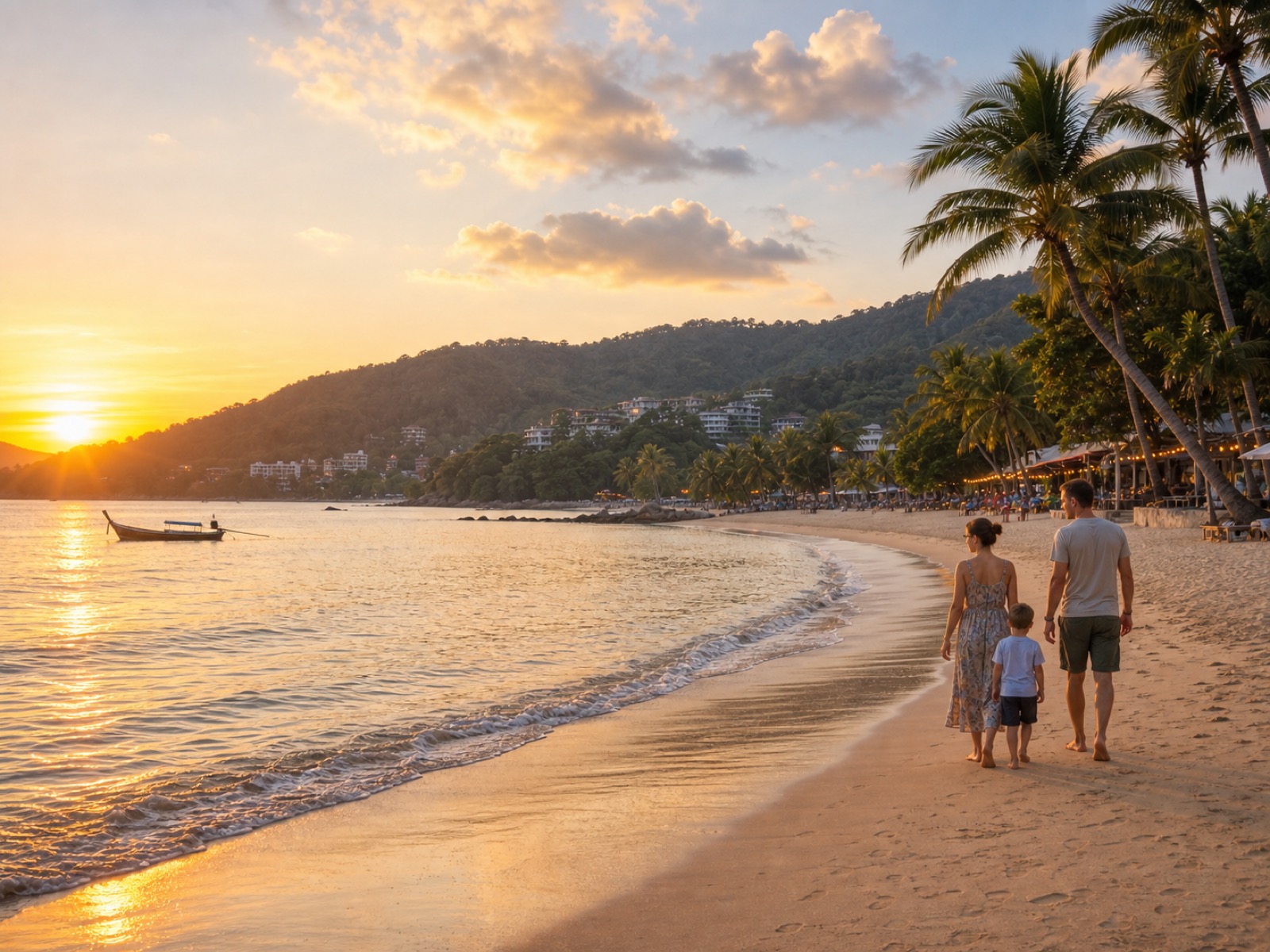 Family walking carefully along a clean shallow Phuket beach