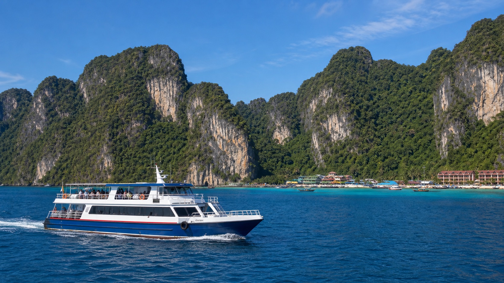 Passenger ferry approaching Phi Phi Islands from Phuket