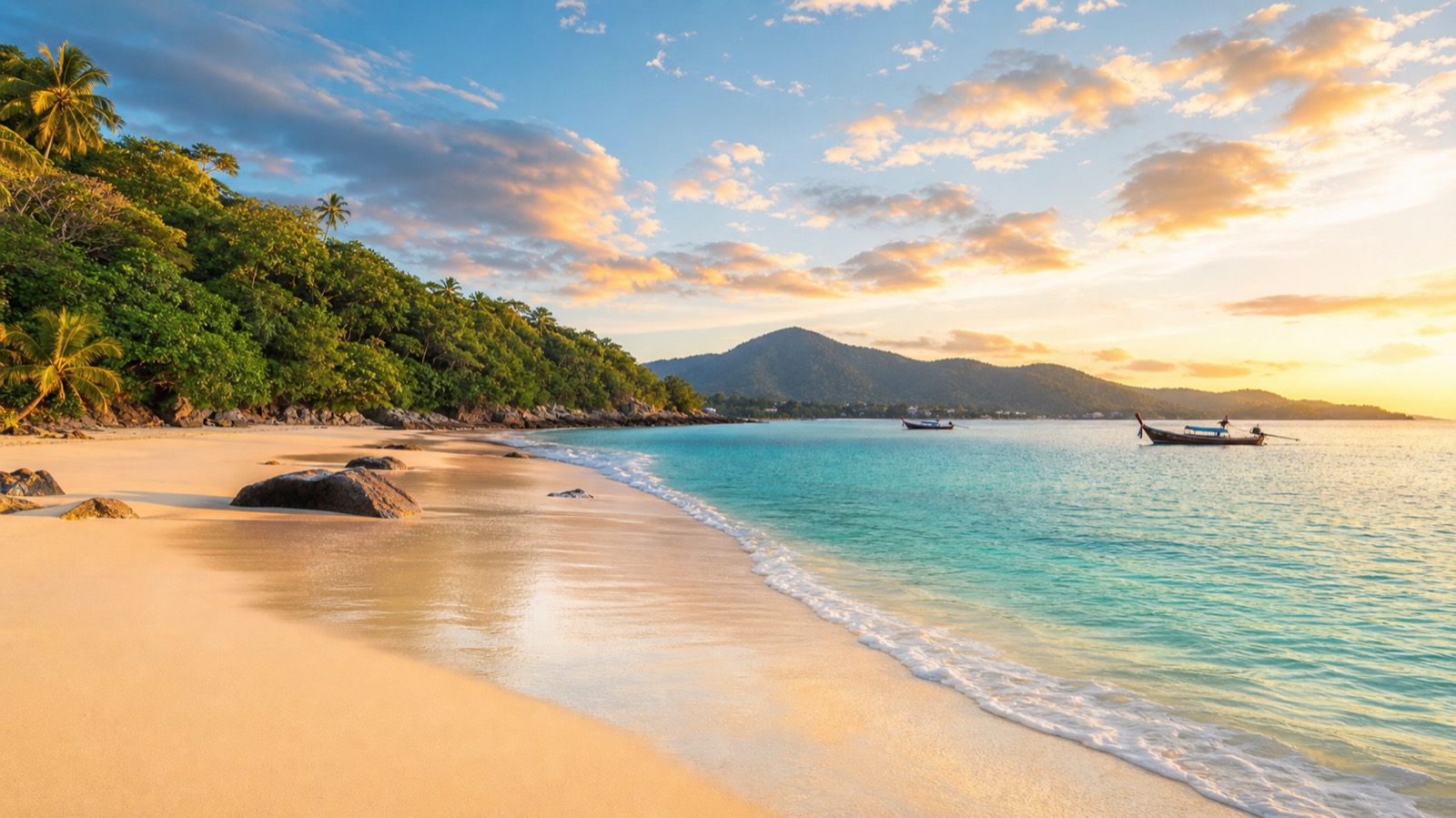 Quiet Phuket beach at sunset with warm light and a calm shoreline