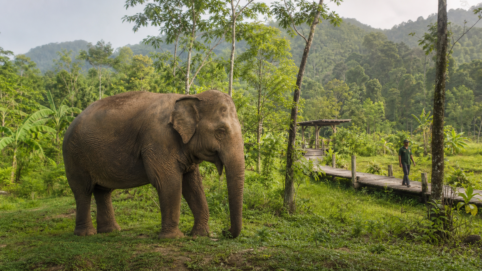 Retired elephant walking through a green ethical sanctuary in Phuket